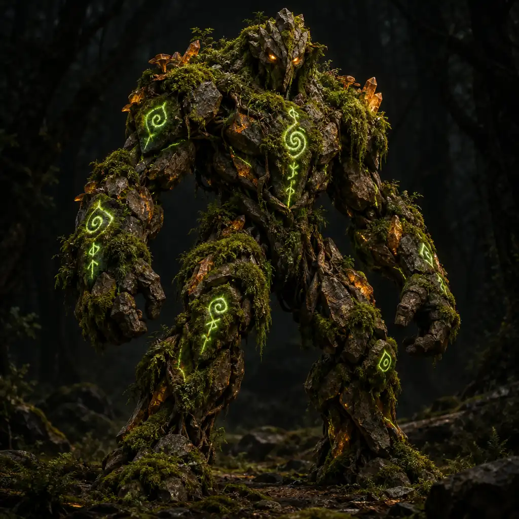 Terrax, föld elemű legendás mutáns sziklából és mohából, zöld rúnákkal a testén